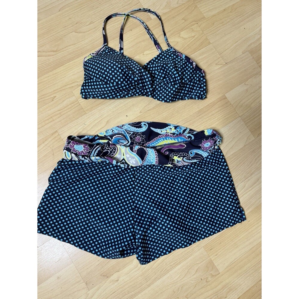 Athleta Bluebfloral/polka-dot print swimsuit shorts & Bikini Top M 38BC Wire Cup